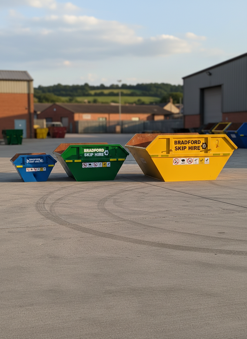 A row of freshly painted steel skips in varied sizes – mini, midi, and maxi – lined up neatly in a clean, well-organised Bradford yard. Each skip has crisp, legible branding, safety markings, and reflective strips, with subtle scuffs that suggest real-world use but careful maintenance. The ground is dry concrete with faint tyre marks and no rubbish. Late afternoon natural light creates soft, realistic shadows and gentle highlights on the metal edges. Shot at eye level with a wide-angle lens, the background falls into a mild bokeh of industrial buildings and distant hills. The photographic realism and clear, professional composition convey reliability, order, and practicality, perfect for a trustworthy skip hire business.